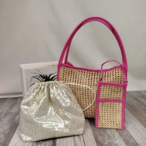 Panier en Raphia avec Anses Roses – Trio de Sacs Tendance